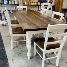 Load image into Gallery viewer, 7-Foot Farmhouse Table: Dark Walnut Top, Antique White Turned Legs