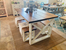 Load image into Gallery viewer, Rustic Small Farmhouse Table With Benches with Provincial Brown Top and Weathered White Base and Cross Brace Design