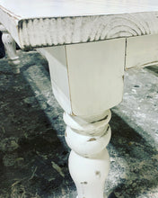 Load image into Gallery viewer, White Distressed Farmhouse Table Set: Wood Turned Legs, Bench & Chairs