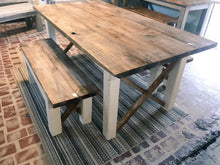 Load image into Gallery viewer, Farmhouse Table With Benches with Dark Walnut Top and Antique White Base and Cross Brace Design