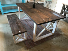 Load image into Gallery viewer, Rustic Farmhouse Table with Benches with Dark Walnut Top and Antique White Base and Cross Brace Design
