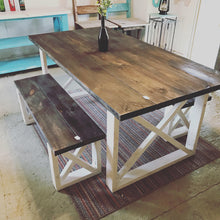 Load image into Gallery viewer, Rustic Farmhouse Table with Benches with Dark Walnut Top and Antique White Base and Cross Brace Design