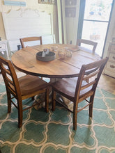 Load image into Gallery viewer, Round Dining Table - Pedestal Base - Farmhouse Round Wooden Kitchen Table - Distressed White, Provincial Brown