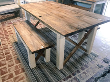 Load image into Gallery viewer, Farmhouse Table With Benches with Dark Walnut Top and Antique White Base and Cross Brace Design