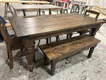 Load image into Gallery viewer, 6-Foot Rustic Farmhouse Dining Set with Chunky Turned Legs, and Bench in Dark Walnut