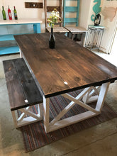 Load image into Gallery viewer, Rustic Farmhouse Table with Benches with Dark Walnut Top and Antique White Base and Cross Brace Design