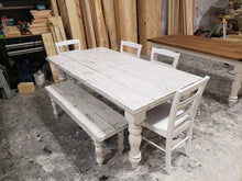 Load image into Gallery viewer, White Distressed Farmhouse Table Set: Wood Turned Legs, Bench & Chairs