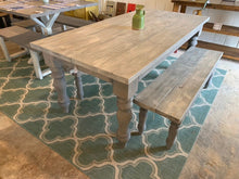 Load image into Gallery viewer, Rustic Farmhouse Table Set with Turned Chunky Legs, Includes two Benches, Gray White Wash Top and Classic Gray Base Dining Set