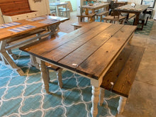 Load image into Gallery viewer, Farmhouse Table Set with Turned Legs, Two Benches, Provincial Brown Top and Gray Sun-Bleached Stain Base Dining Set