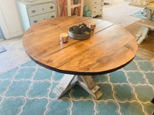 Load image into Gallery viewer, 4ft Round Pedestal Farmhouse Table (Distressed White , Provincial)
