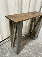 Load image into Gallery viewer, Rustic Farmhouse Console Table: Gray X-Style Legs, Provincial Brown Top