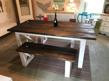 Load image into Gallery viewer, Rustic Farmhouse Table with Benches with Dark Walnut Top and Antique White Base and Cross Brace Design