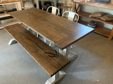 Load image into Gallery viewer, 6ft Narrow Pedestal Table with Chairs and Bench (Distressed White Dark Walnut)