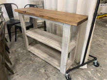 Load image into Gallery viewer, Farmhouse Narrow Bookcase: Distressed White Console Table, Early American Brown Top