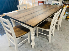 Load image into Gallery viewer, 7-Foot Farmhouse Table: Dark Walnut Top, Antique White Turned Legs