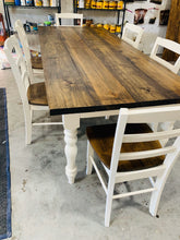 Load image into Gallery viewer, 7-Foot Farmhouse Table: Dark Walnut Top, Antique White Turned Legs
