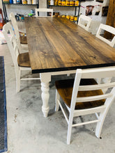Load image into Gallery viewer, 7-Foot Farmhouse Table: Dark Walnut Top, Antique White Turned Legs