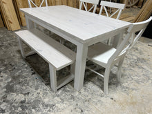 Load image into Gallery viewer, White Dining Table Set - Chair and Bench Combo - Marshmallow White, Antique White - Coastal Farmhouse Kitchen Table Set