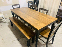 Load image into Gallery viewer, Rustic Turned Leg Farmhouse Table Set, Bench and Chairs with Black Base and Provincial Brown Top, Dining Table Set