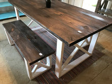 Load image into Gallery viewer, Rustic Farmhouse Table with Benches with Dark Walnut Top and Antique White Base and Cross Brace Design