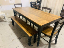 Load image into Gallery viewer, Rustic Turned Leg Farmhouse Table Set, Bench and Chairs with Black Base and Provincial Brown Top, Dining Table Set