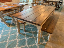 Load image into Gallery viewer, Farmhouse Table Set with Turned Legs, Two Benches, Provincial Brown Top and Gray Sun-Bleached Stain Base Dining Set