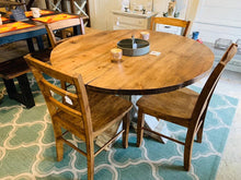 Load image into Gallery viewer, Round Dining Table - Pedestal Base - Farmhouse Round Wooden Kitchen Table - Distressed White, Provincial Brown
