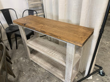 Load image into Gallery viewer, Farmhouse Narrow Bookcase: Distressed White Console Table, Early American Brown Top