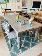 Load image into Gallery viewer, Rustic Farmhouse Table Set with Turned Chunky Legs, Includes two Benches, Gray White Wash Top and Classic Gray Base Dining Set