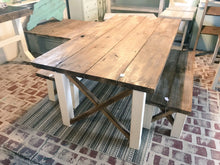 Load image into Gallery viewer, Farmhouse Table With Benches with Dark Walnut Top and Antique White Base and Cross Brace Design