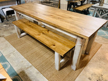 Load image into Gallery viewer, Narrow Farmhouse Table Set with Benches, Distressed White, Early American Brown, Wooden Dining Set, Kitchen Set