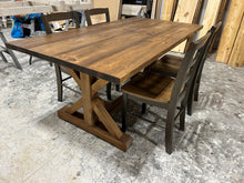 Load image into Gallery viewer, Farmhouse Table With Trestle Base and Chair Option, 6ft Stained Dining and Pedestal Kitchen Set, Wooden Table