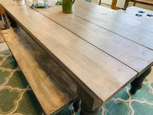 Load image into Gallery viewer, Rustic Farmhouse Table Set with Turned Chunky Legs, Includes two Benches, Gray White Wash Top and Classic Gray Base Dining Set
