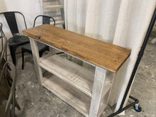 Load image into Gallery viewer, Farmhouse Narrow Bookcase: Distressed White Console Table, Early American Brown Top