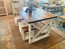 Load image into Gallery viewer, Rustic Small Farmhouse Table With Benches with Provincial Brown Top and Weathered White Base and Cross Brace Design
