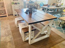 Load image into Gallery viewer, Rustic Small Farmhouse Table With Benches with Provincial Brown Top and Weathered White Base and Cross Brace Design