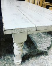 Load image into Gallery viewer, White Distressed Farmhouse Table Set: Wood Turned Legs, Bench & Chairs