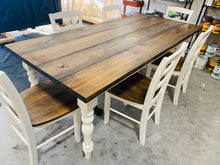Load image into Gallery viewer, 7-Foot Farmhouse Table: Dark Walnut Top, Antique White Turned Legs