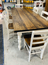 Load image into Gallery viewer, 7-Foot Farmhouse Table: Dark Walnut Top, Antique White Turned Legs