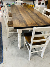 Load image into Gallery viewer, 7-Foot Farmhouse Table: Dark Walnut Top, Antique White Turned Legs