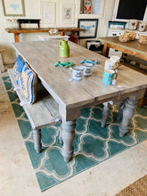 Load image into Gallery viewer, Rustic Farmhouse Table Set with Turned Chunky Legs, Includes two Benches, Gray White Wash Top and Classic Gray Base Dining Set