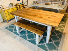 Load image into Gallery viewer, Modern Farmhouse Table Set with Benches, Early American Brown Top, and White Distressed Base, Wooden Dining Set 6ft Table