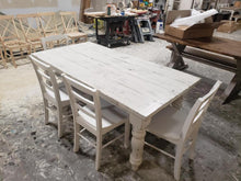 Load image into Gallery viewer, White Distressed Farmhouse Table Set: Wood Turned Legs, Bench & Chairs
