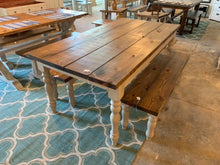 Load image into Gallery viewer, Farmhouse Table Set with Turned Legs, Two Benches, Provincial Brown Top and Gray Sun-Bleached Stain Base Dining Set