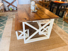 Load image into Gallery viewer, Rustic Small Farmhouse Table With Benches with Provincial Brown Top and Weathered White Base and Cross Brace Design