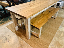 Load image into Gallery viewer, Narrow Farmhouse Table Set with Benches, Distressed White, Early American Brown, Wooden Dining Set, Kitchen Set