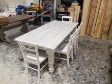 Load image into Gallery viewer, White Distressed Farmhouse Table Set: Wood Turned Legs, Bench & Chairs