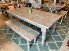 Load image into Gallery viewer, Rustic Farmhouse Table Set with Turned Chunky Legs, Includes two Benches, Gray White Wash Top and Classic Gray Base Dining Set