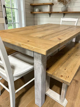 Load image into Gallery viewer, Farmhouse Dining Table with Benches and Chairs, Special Walnut, Dark Distressed Antique White, 5ft Kitchen Table Set
