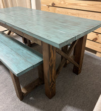 Load image into Gallery viewer, Narrow Farmhouse Dining Table - With Benches - Teal, Dark Walnut - Beach Décor Feel - Small Wooden Kitchen Table - X Design
